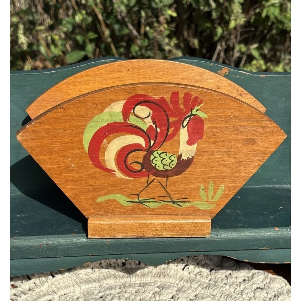 Painted Rooster Wood Napkin Holder Two Sided Farmhouse Country Decor